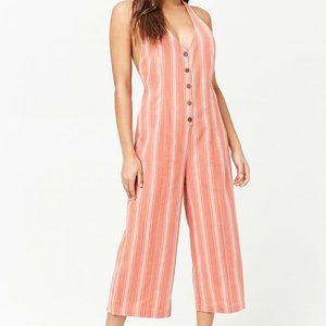 Forever 21 Striped Coral Buttoned Halter Jumpsuit M